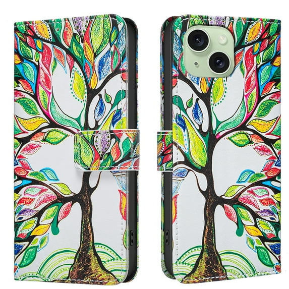 Allytechgroup iPhone 15 Plus Case Wallet Cover with Card Holder, Flip Folio Phone Case for Apple iPhone 15 Plus with Magnetic Closure, Kickstand & RFID Blocking Case for Women Men, Tree