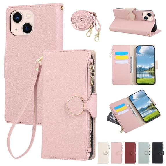 Allytechgroup iPhone 15 Plus Case Wallet with Strap & Zipper Pocket, Crossbody Phone Case for Apple iPhone 15 Plus Cover with Card Slots, Stand Function, Magnetic Closure PU Leather Folio Case,Pink