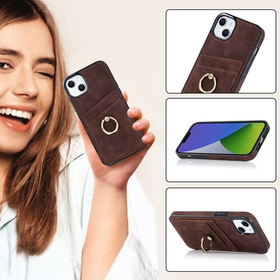 Allytechgroup iPhone 15 Plus Wallet Case with Cards Slots, Ring Holder Stand Slim Fit Anti-Scratch Drop Protection Shockproof Phone Case for Apple iPhone 15 Plus, Coffee