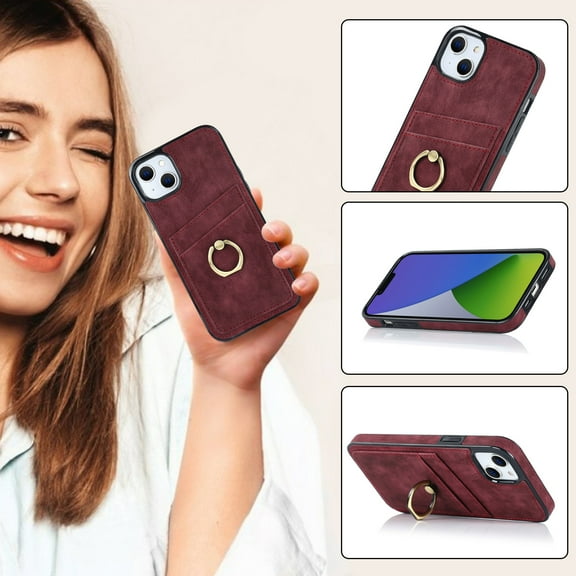 Allytechgroup iPhone 15 Plus Wallet Case with Cards Slots, Ring Holder Stand Slim Fit Anti-Scratch Drop Protection Shockproof Phone Case for Apple iPhone 15 Plus, Winered