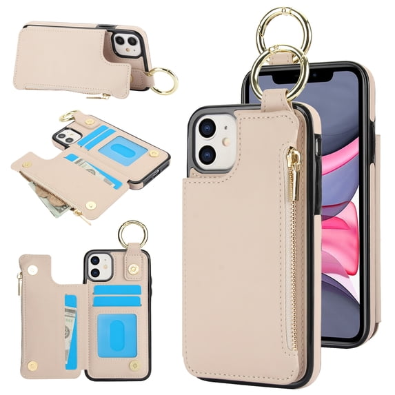 Allytechgroup iPhone 15 Plus Wallet Case, RFID Blocking Zipper Pocket Ring Holder Kickstand Bumper Shockproof Portable Durable Phone Case for Apple iPhone 15 Plus, White
