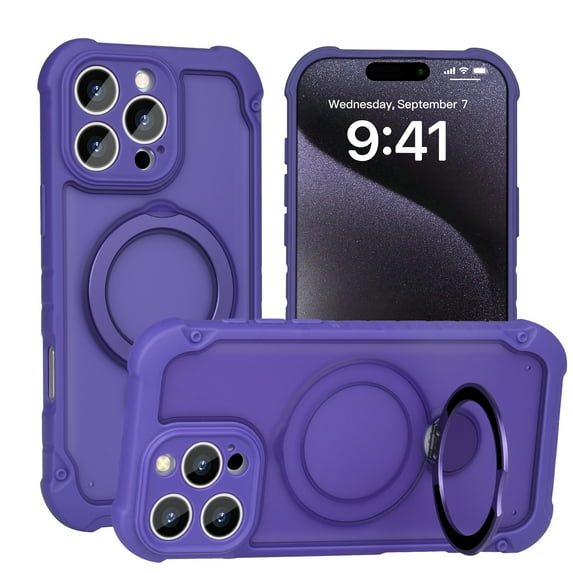 Allytechgroup iPhone 15 Pro Case with Magnetic Ring Kickstand, Compatible with MagSafe Military-Grade Shockproof Cover with Built-in Metal Stand, Slim Anti-Slip Matte TPU+PC Back Cover,Purple