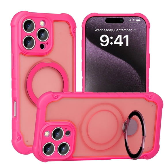 Allytechgroup iPhone 15 Pro Case with Magnetic Ring Kickstand, Compatible with MagSafe Military-Grade Shockproof Cover with Built-in Metal Stand, Slim Anti-Slip Matte TPU+PC Back Cover,Rose