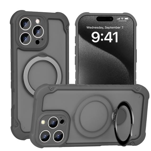 Allytechgroup iPhone 15 Pro Case with Magnetic Ring Kickstand, Compatible with MagSafe Military-Grade Shockproof Cover with Built-in Metal Stand, Slim Anti-Slip Matte TPU+PC Back Cover,Gray