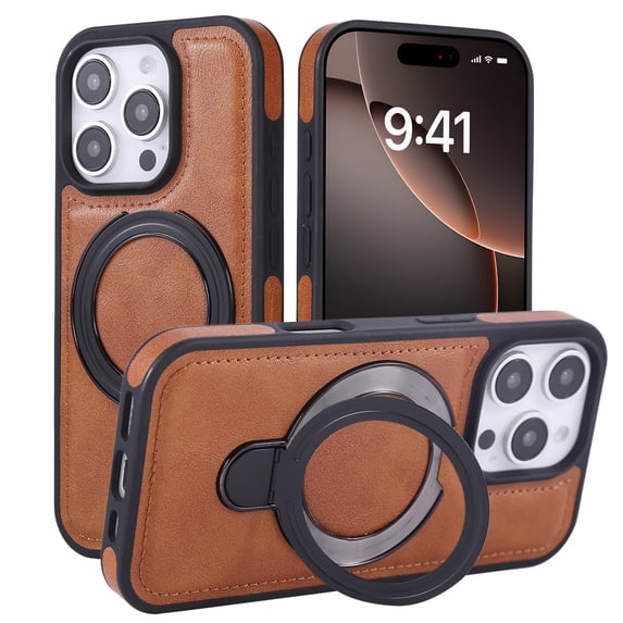 Allytechgroup for iPhone 15 Pro Case with Stand, Support Wireless Charging PU Leather Phone Case with Kickstand Shockproof Magnrtic Back Cover protective Bumper for iPhone 15 Pro, Brown