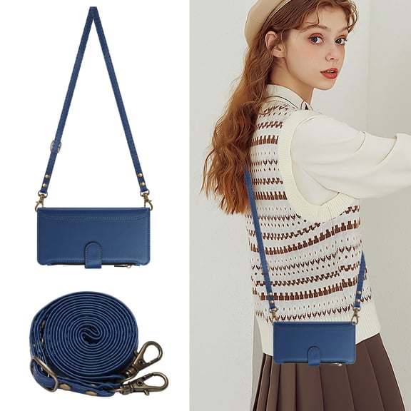 Allytechgroup for iPhone 15 Pro Case, Support Wireless Charging PU Leather Shell with Credit Card Slots Shoulder Strap Shockproof Full Body Cover Bumper for Women Girls, Darkblue