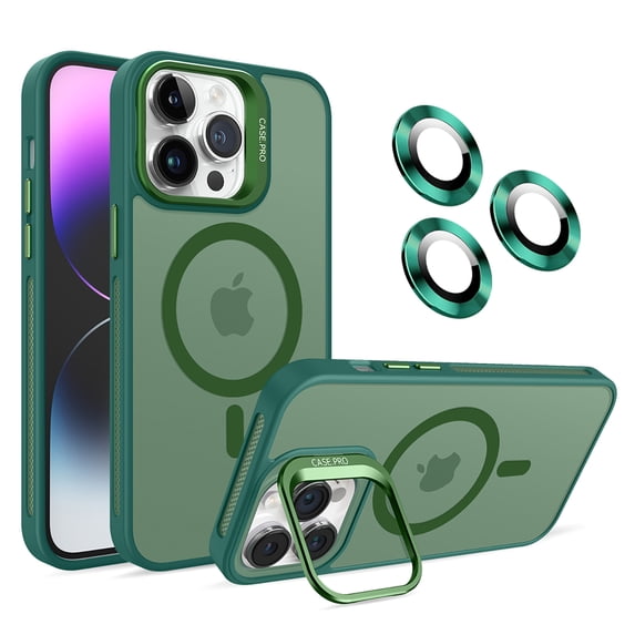 Allytechgroup iPhone 15 Pro Magnetic Case with Lens Protector, Lens Kickstand Matte Translucent Wireless Charging Shockproof Anti-Scratch Hard Cover Shell for Apple iPhone 15 Pro, Darkgreen