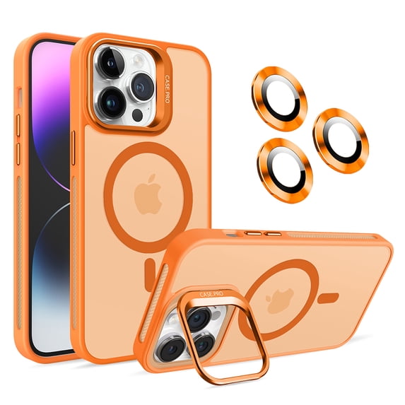 Allytechgroup iPhone 15 Pro Magnetic Case with Lens Protector, Lens Kickstand Matte Translucent Wireless Charging Shockproof Anti-Scratch Hard Cover Shell for Apple iPhone 15 Pro, Orange