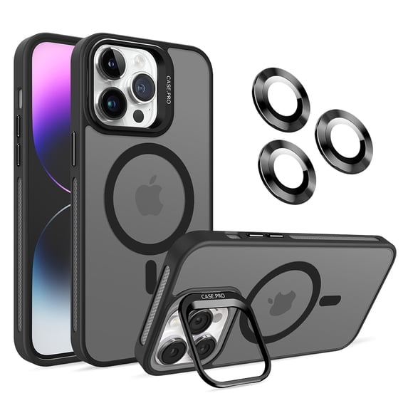 Allytechgroup iPhone 15 Pro Magnetic Case with Lens Protector, Lens Kickstand Matte Translucent Wireless Charging Shockproof Anti-Scratch Hard Cover Shell for Apple iPhone 15 Pro, Black