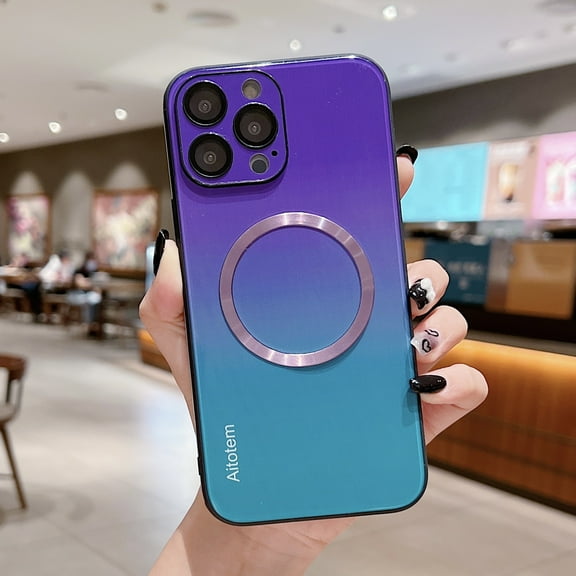 Allytechgroup for iPhone 15 Pro Magnetic Case,Stylish Gradient Glossy Shockproof Hybrid Rugged TPU Silicone Camera Lens Protective Slim Fit Back Cover For iPhone 15 Pro, Purple