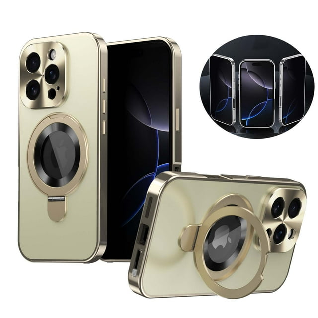 Allytechgroup iPhone 15 Pro Max Case with Anti-Spy Screen Protector Film, Compatible with Mag-safe Shockproof Privacy Protection Anti-Scratch Ring Stand Phone Case for Apple iPhone 15 Pro Max,Gold