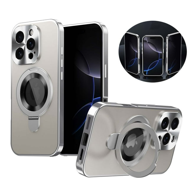 Allytechgroup iPhone 15 Pro Max Case with Anti-Spy Screen Protector Film, Compatible with Mag-safe Shockproof Privacy Protection Anti-Scratch Ring Stand Phone Case for Apple iPhone 15 Pro Max,Silver