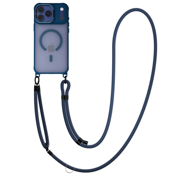 Allytechgroup iPhone 15 Pro Max Case with Crossbody Shoulder Strap, Compatible with Magsafe Matte Back Cover Camera Lens Kickstand Shockproof Translucent Case for iPhone 15 Pro Max, Blue
