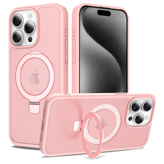Allytechgroup iPhone 15 Pro Max Case Matte, [Compatible with Magsafe] Ring Holder Kickstand Anti-Scratch Shockproof Bumper Slim Fit Shell Phone Case Cover for Apple iPhone 15 Pro Max, Pink