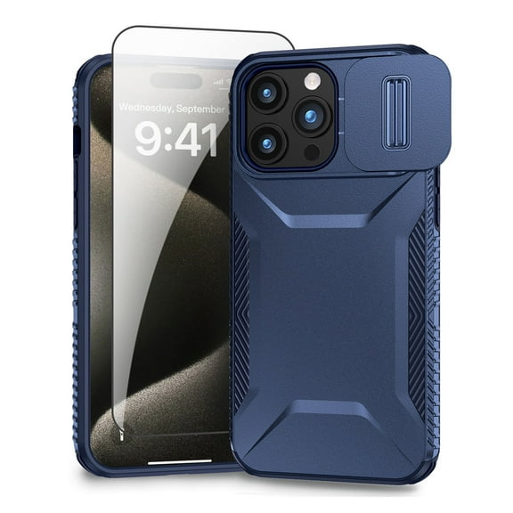 Allytechgroup iPhone 15 Pro Max Case with Screen Protector, Rugged Hybrid TPU PC Back Hard Shell Cover Anti-Scratch Sliding Camera Lens Protector Phone Case for Apple iPhone 15 Pro Max, Blue