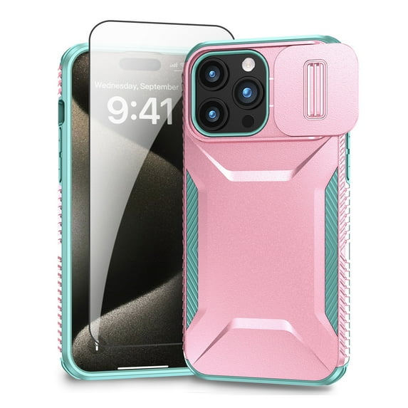 Allytechgroup iPhone 15 Pro Max Case with Screen Protector, Rugged Hybrid TPU PC Back Hard Shell Cover Anti-Scratch Sliding Camera Lens Protector Phone Case for Apple iPhone 15 Pro Max, Rosegold
