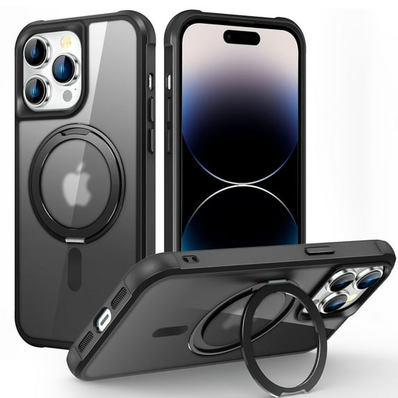 Allytechgroup iPhone 15 Pro Max Magnetic Case with Rotating Stand, Multi Angle Viewing Stand Anti-Scratch Compatible with Magsafe & Car Mount Phone Case for Apple iPhone 15 Pro Max, Black