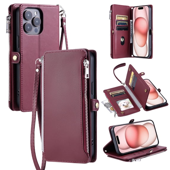 Allytechgroup for iPhone 15 Pro Max Wallet Case with Card Slot, RFID Blocking PU Leather Flip Stand Phone Case with Lanyard Shoulder Strap for Women Girls Shockproof Protective Bumper, Winered