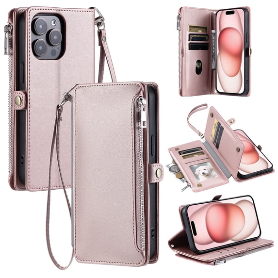Allytechgroup for iPhone 15 Pro Max Wallet Case with Card Slot, RFID Blocking PU Leather Flip Stand Phone Case with Lanyard Shoulder Strap for Women Girls Shockproof Protective Bumper, Rosegold
