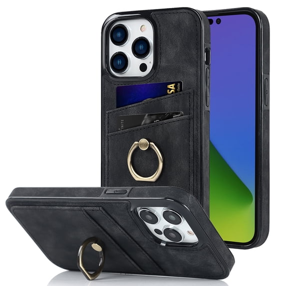 Allytechgroup iPhone 15 Pro Max Wallet Case with Cards Slots, Ring Holder Stand Slim Fit Anti-Scratch Drop Protection Shockproof Phone Case for Apple iPhone 15 Pro Max, Black