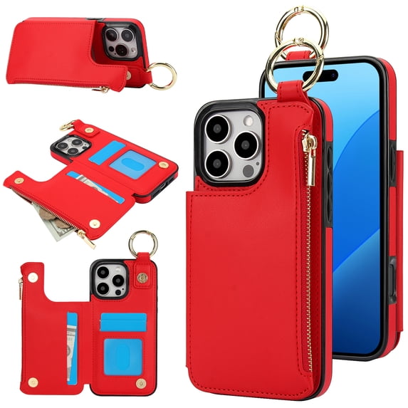 Allytechgroup iPhone 15 Pro Max Wallet Case, RFID Blocking Zipper Pocket Ring Holder Kickstand Bumper Shockproof Portable Durable Phone Case for Apple iPhone 15 Pro Max, Red