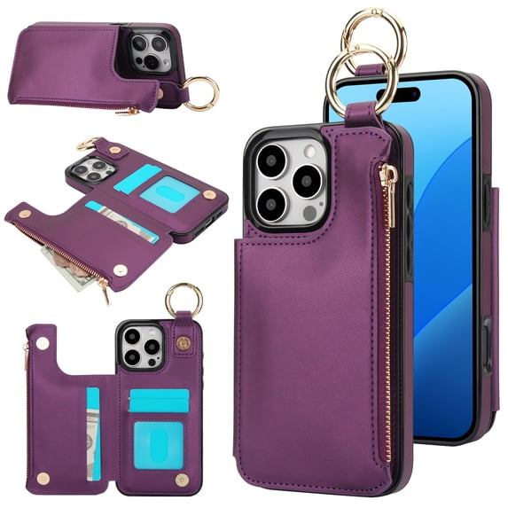 Allytechgroup iPhone 15 Pro Max Wallet Case, RFID Blocking Zipper Pocket Ring Holder Kickstand Bumper Shockproof Portable Durable Phone Case for Apple iPhone 15 Pro Max, Darkpurple
