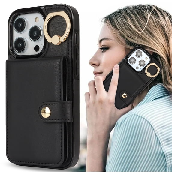 Allytechgroup iPhone 15 Pro Max Wallet Case, Ring Holder Stand Cards Slots Shockproof Retro Flip Back Cover Phone Case for Apple iPhone 15 Pro Max, Black
