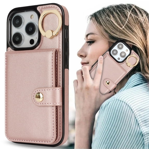 Allytechgroup iPhone 15 Pro Max Wallet Case, Ring Holder Stand Cards Slots Shockproof Retro Flip Back Cover Phone Case for Apple iPhone 15 Pro Max, Rosegold
