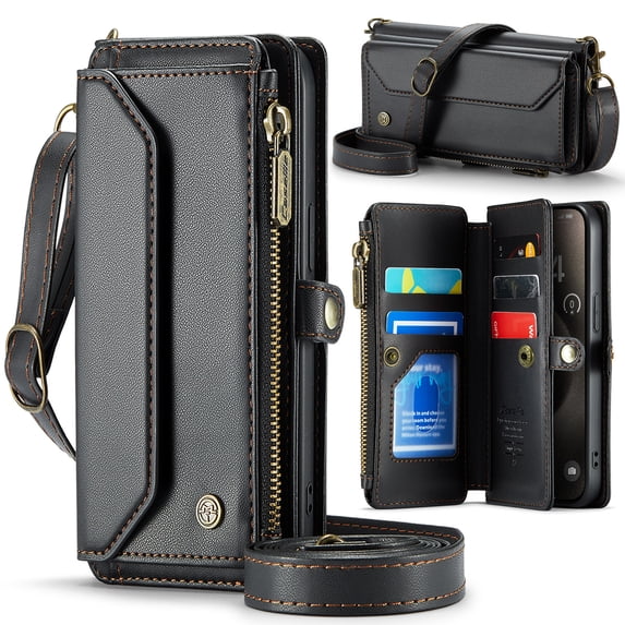 Allytechgroup iPhone 15 Pro Max Wallet Case with Shoulder Strap, Strap Wrist, Zipper Pocket, Cards Slots, RFID Blocking Shockproof Bumper Mini Carring Bag Phone Case for Apple iPhone 15 Pro Max,Black