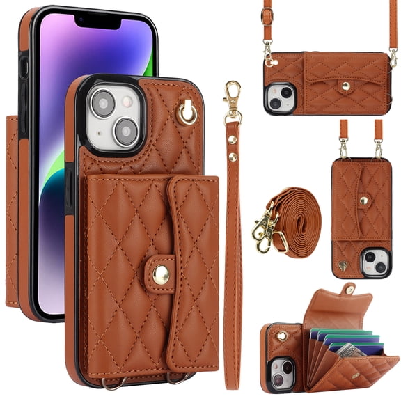 Allytechgroup for iPhone 15 Wallet Case with 5 Cards Holders, Detachable Hand Strap & Shoulder Lanyard RFID Blocking Shockproof Protective Phone Case for Girls Women, Brown