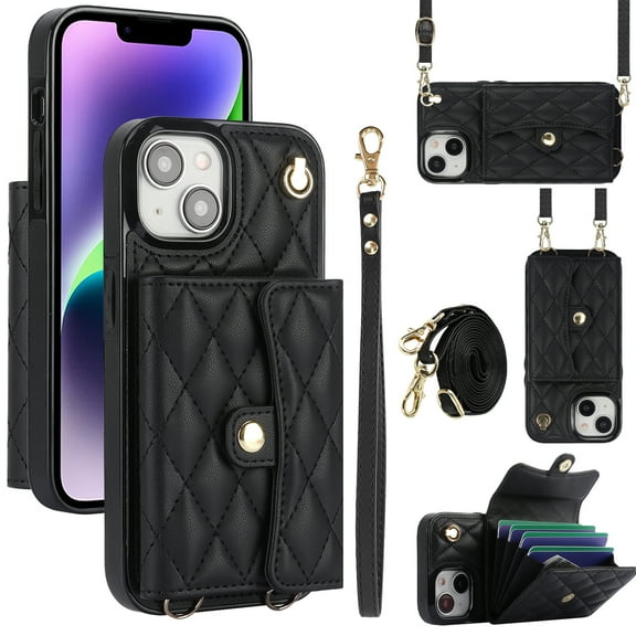 Allytechgroup for iPhone 15 Wallet Case with 5 Cards Holders, Detachable Hand Strap & Shoulder Lanyard RFID Blocking Shockproof Protective Phone Case for Girls Women, Black