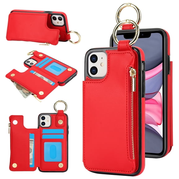 Allytechgroup iPhone 15 Wallet Case, RFID Blocking Zipper Pocket Ring Holder Kickstand Bumper Shockproof Portable Durable Phone Case for Apple iPhone 15, Red