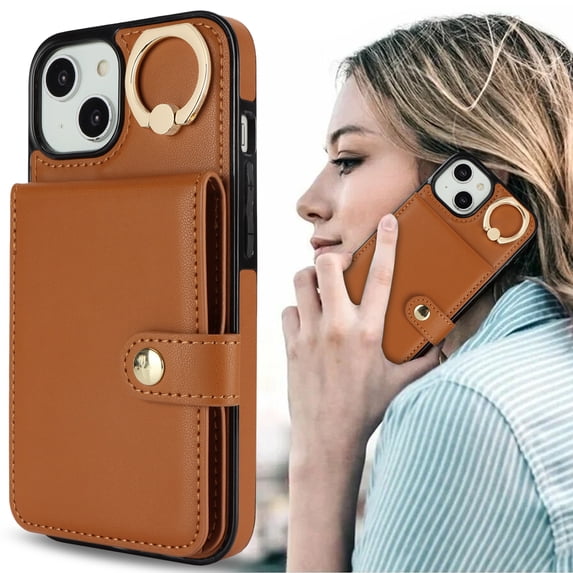 Allytechgroup iPhone 15 Wallet Case, Ring Holder Stand Cards Slots Shockproof Retro Flip Back Cover Phone Case for Apple iPhone 15, Brown
