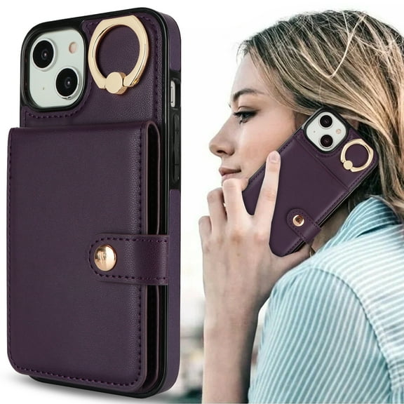Allytechgroup iPhone 15 Wallet Case, Ring Holder Stand Cards Slots Shockproof Retro Flip Back Cover Phone Case for Apple iPhone 15, Purple