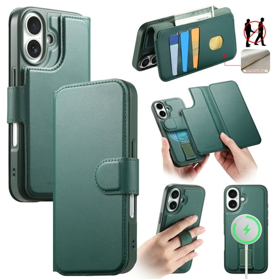 Allytechgroup for iPhone 16 Case, 2-in-1 Wallet Phone Cover with Detachable PU Leather Card Holder, Magnetic MagSafe-Compatible RFID Blocking Protective Case & Wristband, Green