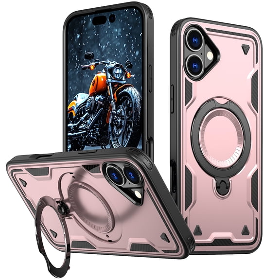 Allytechgroup for iPhone 16 Case with 360° Rotable Kickstand,  [Include 1X Screen Protector] [Magnetic Car Mount Support] Military Grade Drop Protection Phone Cover for iPhone 16, Rosegold