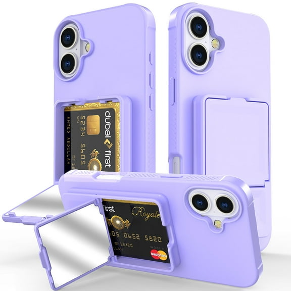 Allytechgroup iPhone 16 Case with Card Slots & Makeup Mirror, Rugged Shockproof Kickstand Bumper Protective Hard PC Cover Phone Case for Apple iPhone 16, Purple