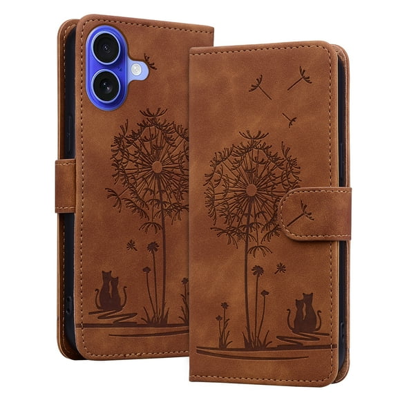 Allytechgroup for iPhone 16 Case with Credit Card Slot, RFID Blocking PU Leather Flip Wallet Case for Women Girls Shockproof Protective Case Cover for iPhone 16, Brown