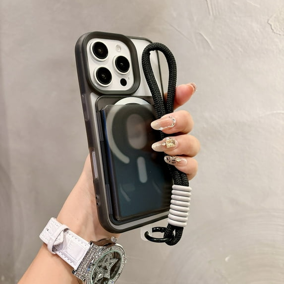 Allytechgroup iPhone 16 Case with Hand Strap, Compatible with Mag-safe Soft Matte Magnetic Cover with Detachable Card Holder Shockproof Translucent Phone Case for Apple iPhone 16, Black