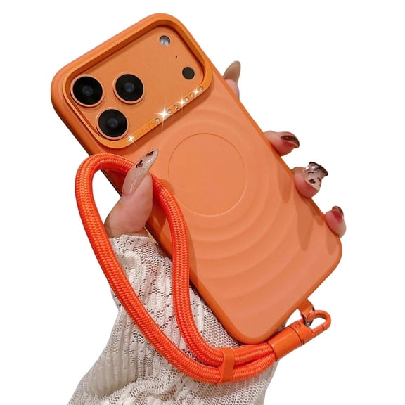 Allytechgroup for iPhone 16 Case with Hand Strap, Glitter Bling Diamond Embossed Shockproof Anti-Scratch Stylish Ripple Design Back Cover Bumper Phone Case for iPhone 16, Orange