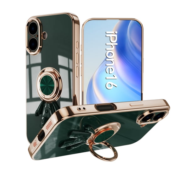 Allytechgroup iPhone 16 Case Kickstand, Spaceman Bracket Design Shockproof Drop Proof Luxury Camera Lens Protective Phone Case for Apple iPhone 16, Darkgreen