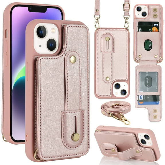 Allytechgroup iPhone 16 Case, With Long Shoulder Strap Hand Strap Stand Cards Holder Shockproof Protective Wallet Case Cover for Apple iPhone 16 6.1" - Rosegold