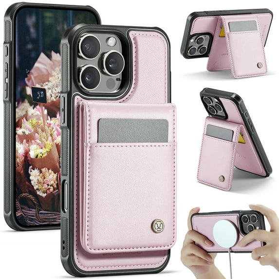 Allytechgroup for iPhone 16 Case, Pu Leather Detachable Cards Holder 2 In 1 Wallet Case Comaptible with Magsafe Kickstand Magnetic Shockproof Back Cover for iPhone 16, Pink