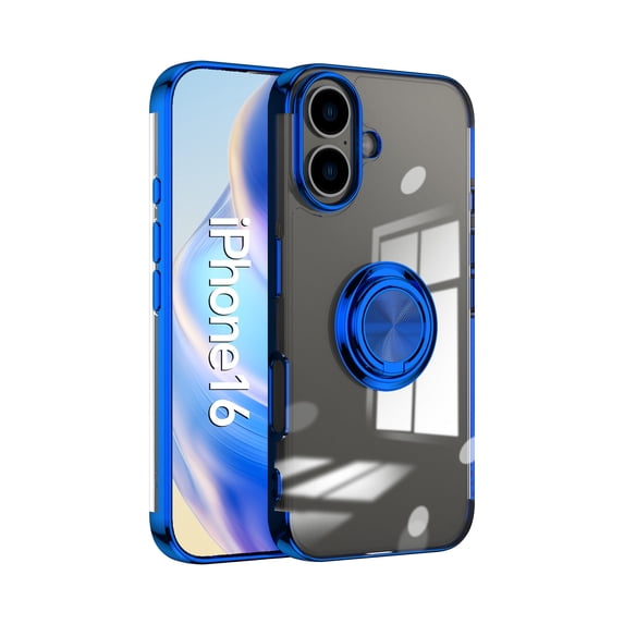 Allytechgroup iPhone 16 Case with Ring Holder, Kickstand Magnetic Case Compatible with Car Mount Bumper Rugged Shockproof Clear Back Cover Phone Case for Apple iPhone 16, Blue