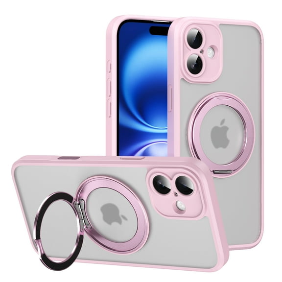 Allytechgroup for iPhone 16 Case with Ring Holder Stand, Support Wireless Charging Slim Hard PC Soft TPU Anti Yellowing Shockproof Magnetic Back Cover Bumper for iPhone 16, Pink