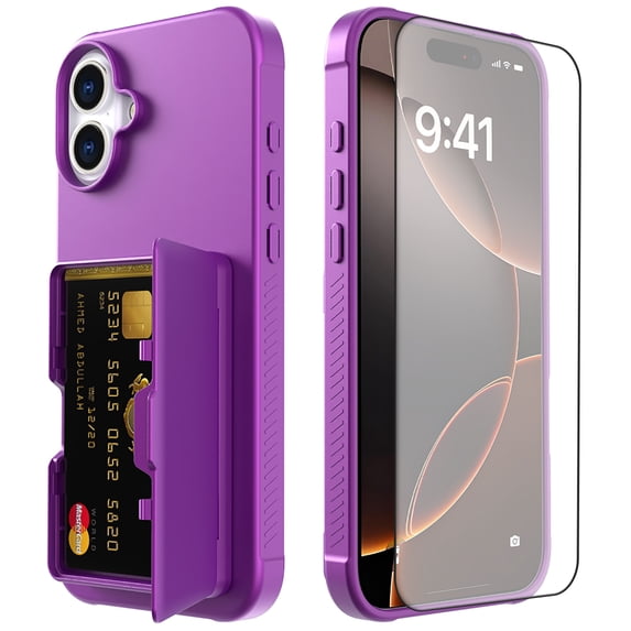 Allytechgroup iPhone 16 Case with Screen Protector, Hidden Cards Slots & Makeup Mirror Full Body Shockproof Anti-Scratch Drop Proof Phone Case Cover for Apple iPhone 16, Darkpurple