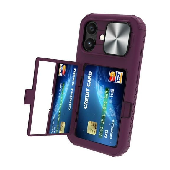 Allytechgroup iPhone 16 Case with Sliding Camera Lens Protector, Shockproof Full Body Protective Anti-Slip Card Holder Wallet Phone Case for Apple iPhone 16, Purple