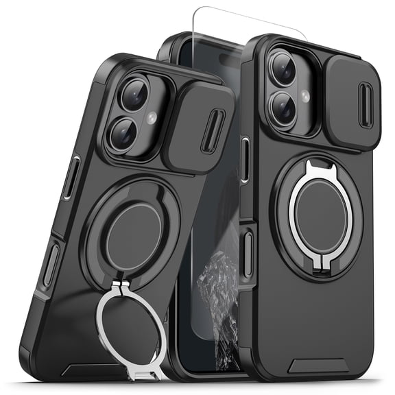 Allytechgroup for iPhone 16 Case with Stand, [Slide Camera Cover] with 1X Screen Protectors  Heavy Drop Shockproof Protective Cover for Women Men, Black