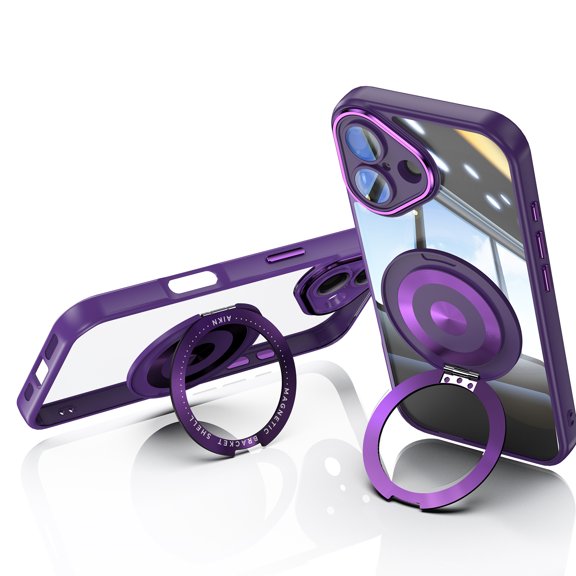 Allytechgroup iPhone 16 Case with Tempered Glass Lens Protector, Ring Holder Kickstand Shockproof Drop Protection Scratch Resistant Anti-Yellow Clear Back Case Cover for Apple iPhone 16, Darkpurple