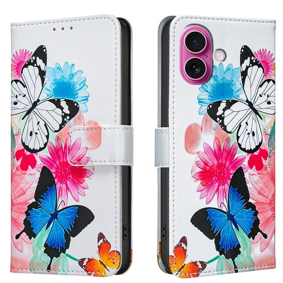 Allytechgroup iPhone 16 Case Wallet Cover with Card Holder, Flip Folio Phone Case for Apple iPhone 16 with Magnetic Closure, Kickstand & RFID Blocking Case for Women Men, Blue Butterfly